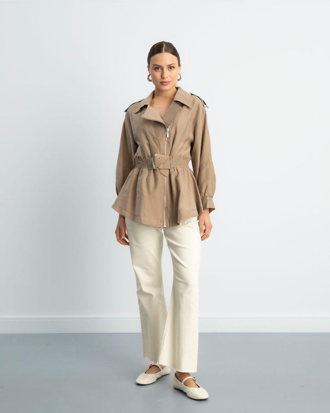 Zip-up self belted jacket
