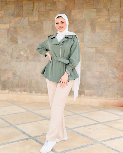 Zip-up self belted jacket
