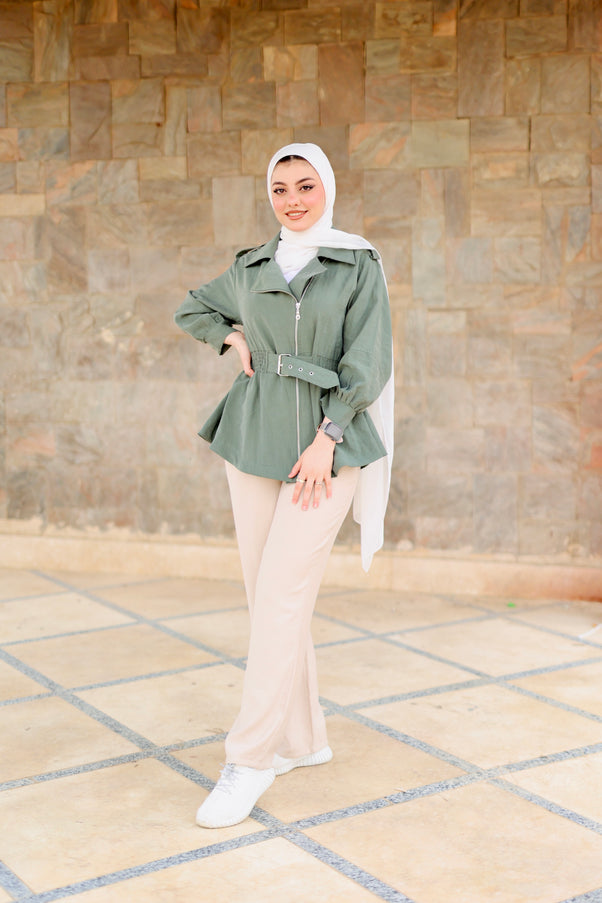 Zip-up self belted jacket