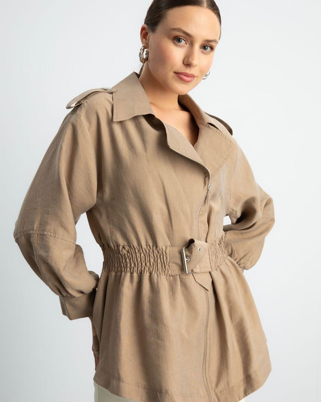 Zip-up self belted jacket