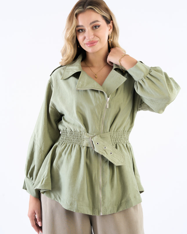 Zip-up self belted jacket