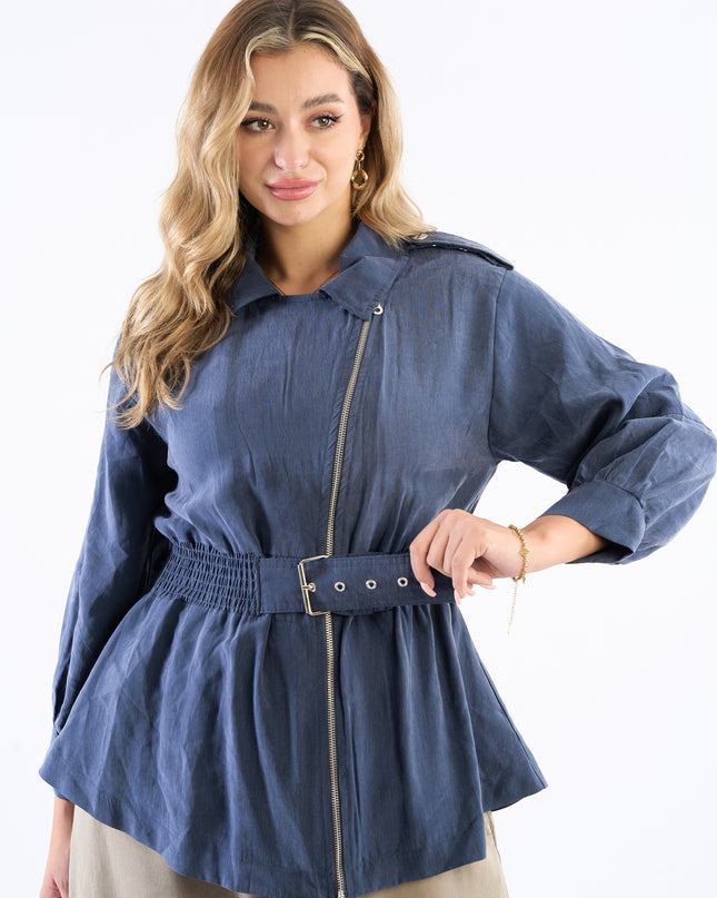 Zip-up self belted jacket