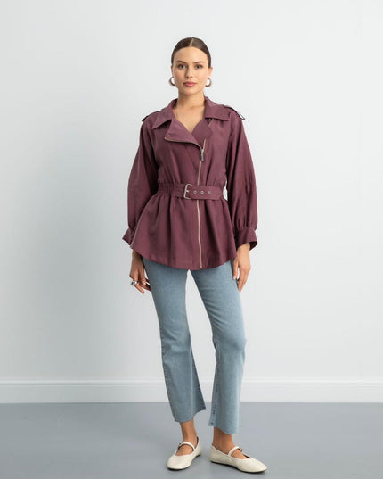 Zip-up self belted jacket
