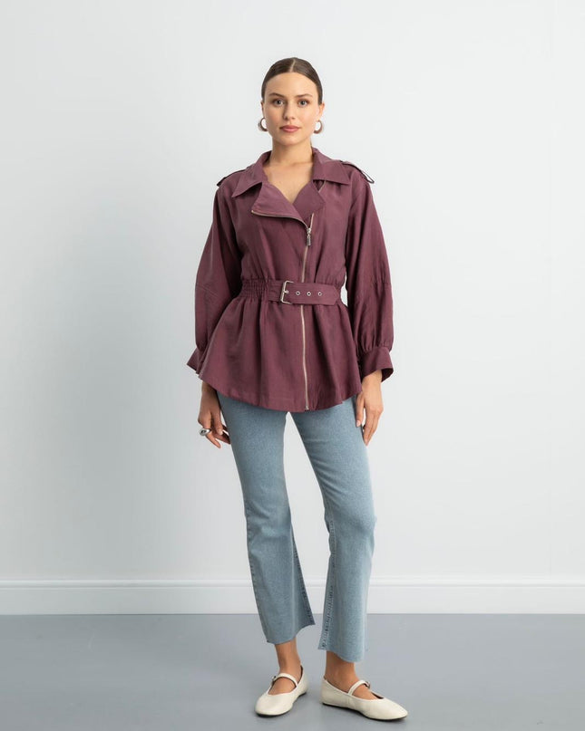 Zip-up self belted jacket