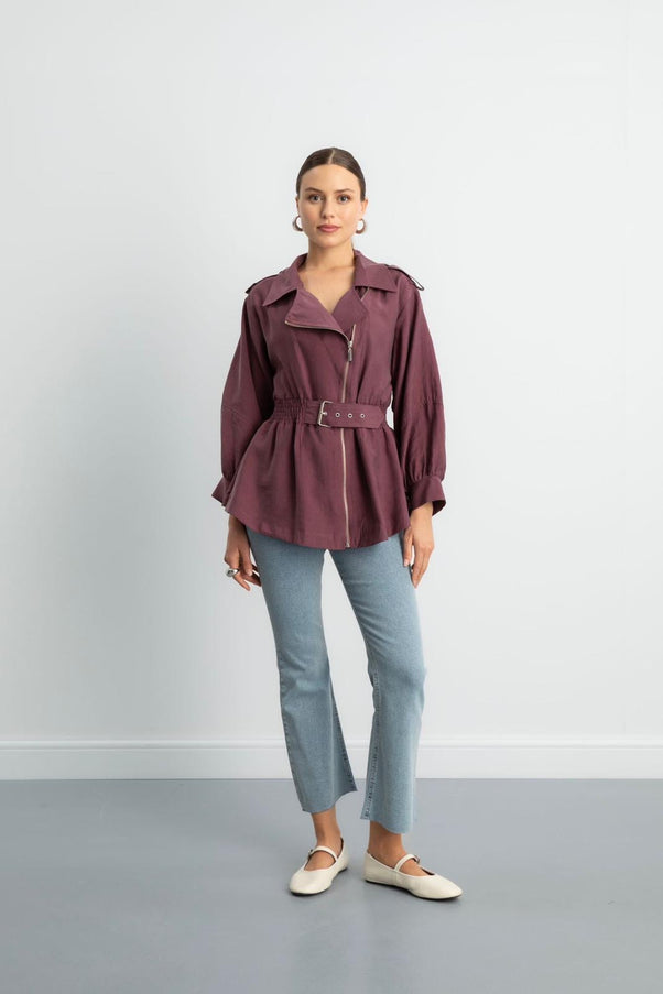 Zip-up self belted jacket