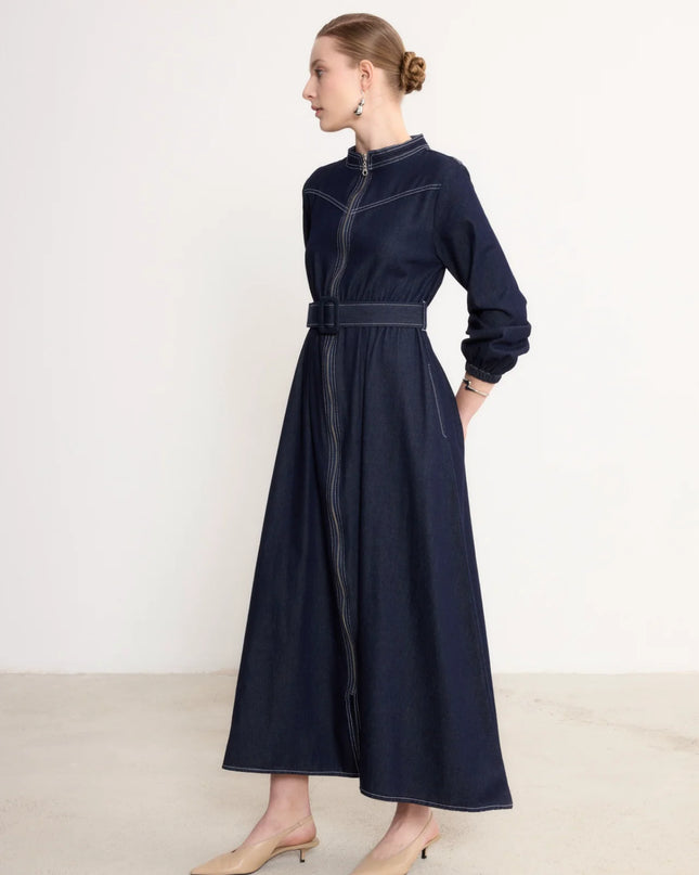 LONG DRESS WITH ZIPPER AND BELT