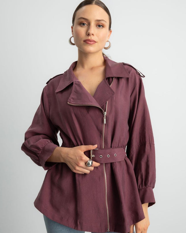 Zip-up self belted jacket