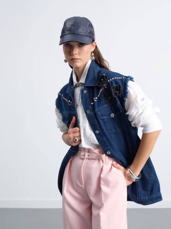 loral Embroidered Denim Vest