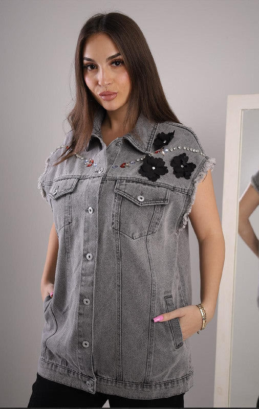 loral Embroidered Denim Vest